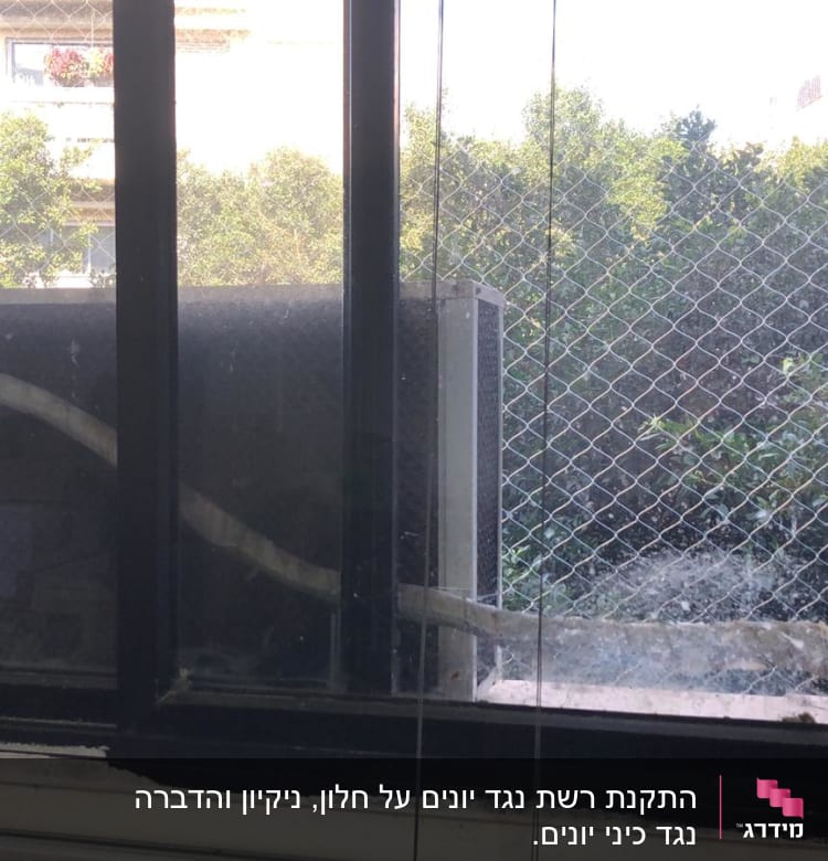 רשת מתכת על חלון למניעת כניסת יונים
